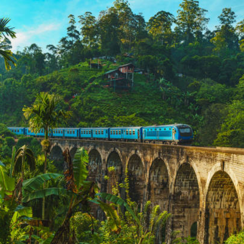 Iconic train passing over Nine Arch Bridge in Demodara, Ella, Sri Lanka